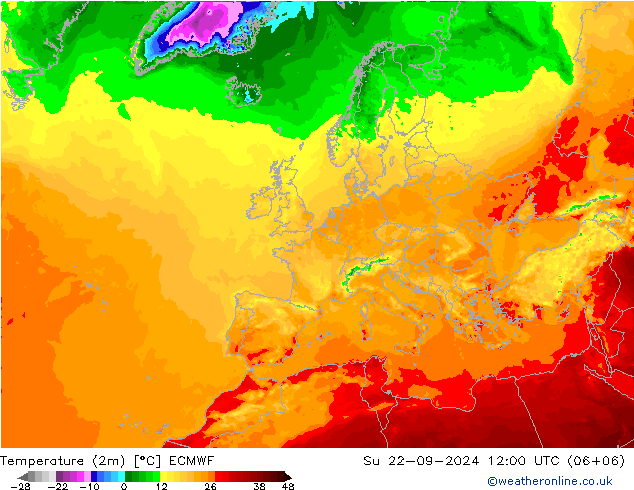 карта температуры ECMWF Вс 22.09.2024 12 UTC