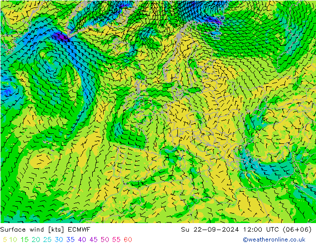 Prec 6h/Wind 10m/950 ECMWF Dom 22.09.2024 12 UTC