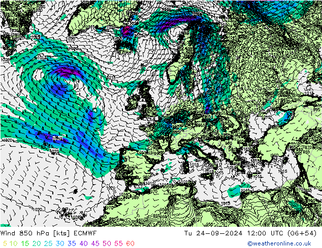 Wind 850 hPa ECMWF Tu 24.09.2024 12 UTC