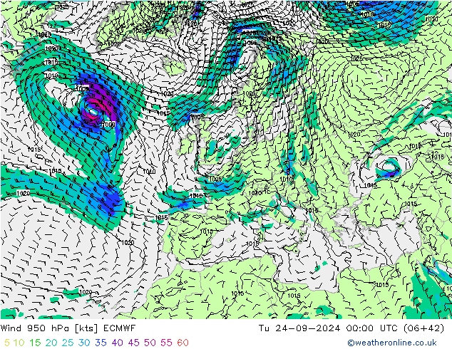 Wind 950 hPa ECMWF di 24.09.2024 00 UTC