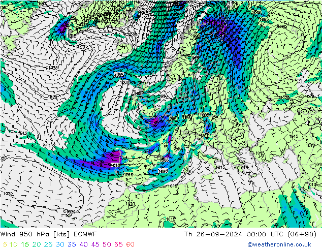 Wind 950 hPa ECMWF Do 26.09.2024 00 UTC