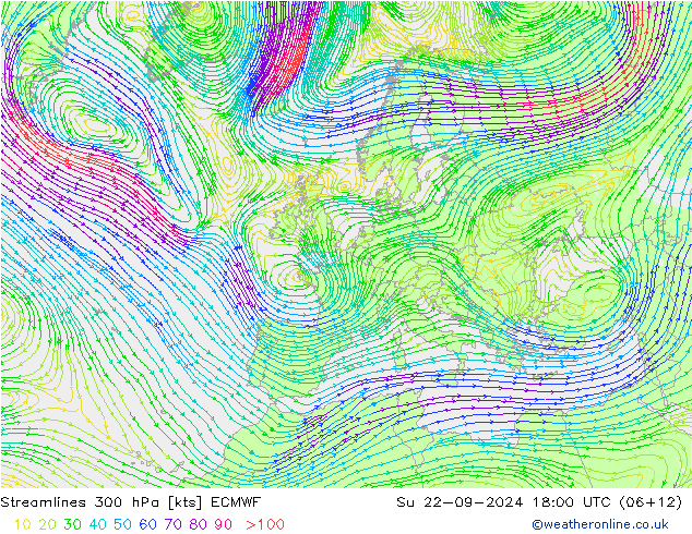 Stromlinien 300 hPa ECMWF So 22.09.2024 18 UTC