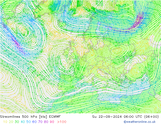 Streamlines 500 hPa ECMWF Su 22.09.2024 06 UTC