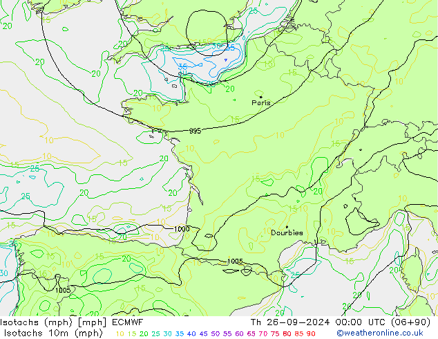 Isotachen (mph) ECMWF do 26.09.2024 00 UTC