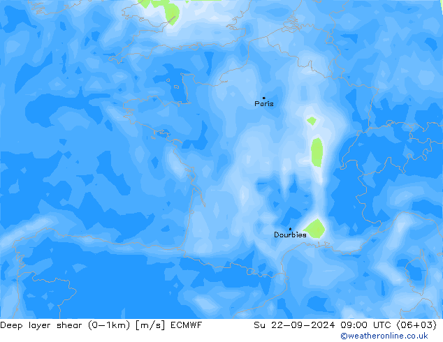 Deep layer shear (0-1km) ECMWF zo 22.09.2024 09 UTC