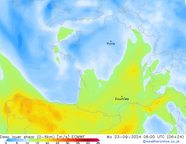 Deep layer shear (0-6km) ECMWF Mo 23.09.2024 06 UTC