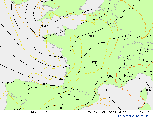 Theta-e 700hPa ECMWF lun 23.09.2024 06 UTC