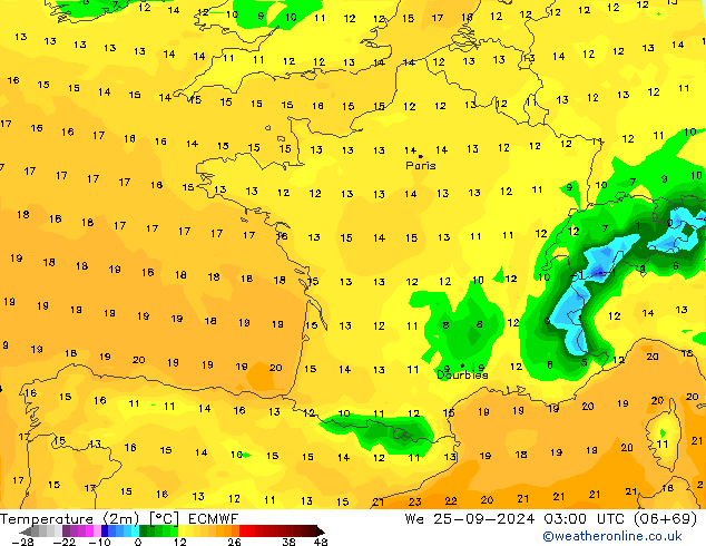 Temperatura (2m) ECMWF Qua 25.09.2024 03 UTC