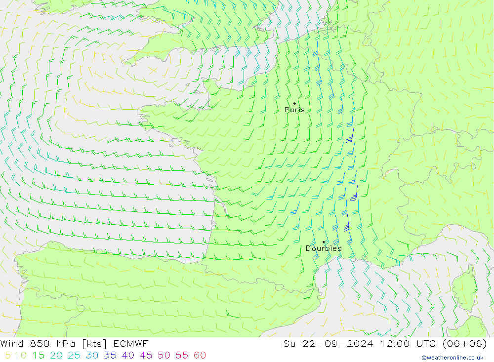 Wind 850 hPa ECMWF zo 22.09.2024 12 UTC