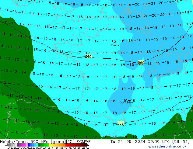 Height/Temp. 500 hPa ECMWF Tu 24.09.2024 09 UTC