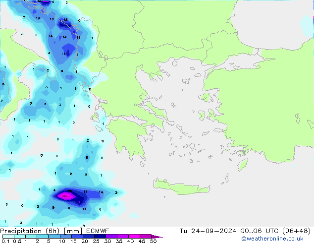 Precipitation (6h) ECMWF Tu 24.09.2024 06 UTC