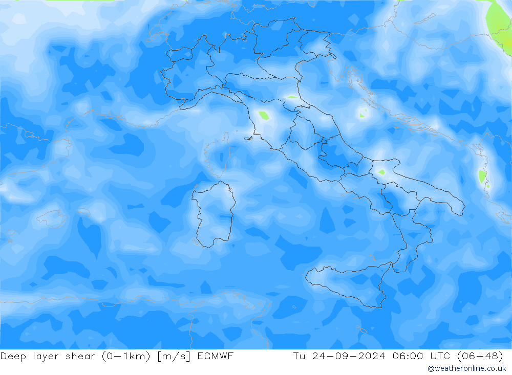 Deep layer shear (0-1km) ECMWF Di 24.09.2024 06 UTC