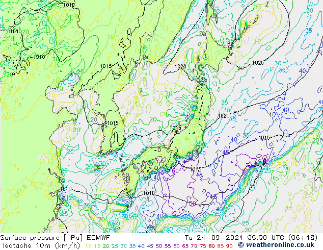 Isotachs (kph) ECMWF Tu 24.09.2024 06 UTC