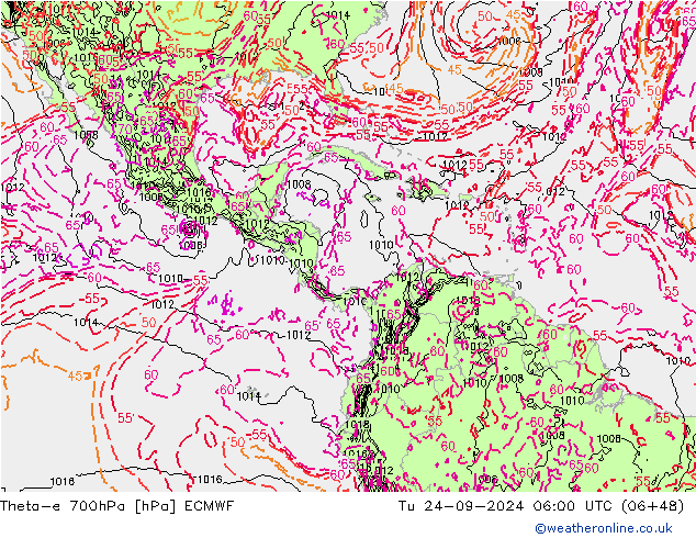 Theta-e 700hPa ECMWF di 24.09.2024 06 UTC