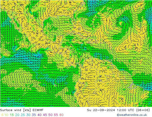 Prec 6h/Wind 10m/950 ECMWF Su 22.09.2024 12 UTC