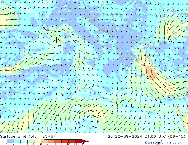 Vento 10 m (bft) ECMWF Dom 22.09.2024 21 UTC