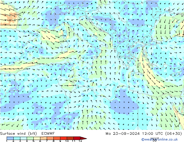 Vento 10 m (bft) ECMWF lun 23.09.2024 12 UTC