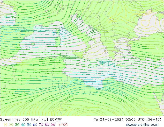 ветер 500 гПа ECMWF вт 24.09.2024 00 UTC