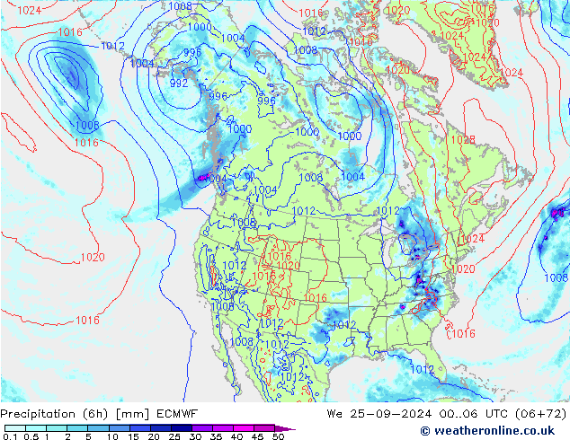 Totale neerslag (6h) ECMWF wo 25.09.2024 06 UTC