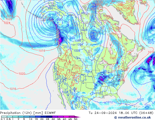 осадки (12h) ECMWF вт 24.09.2024 06 UTC