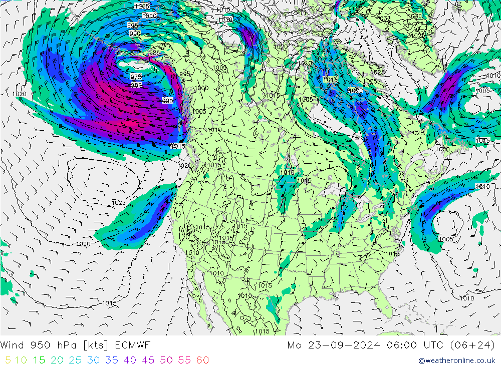 Wind 950 hPa ECMWF Mo 23.09.2024 06 UTC