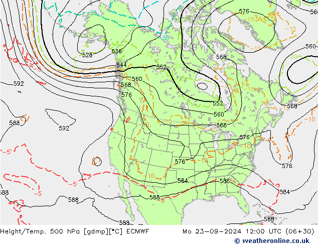 Height/Temp. 500 hPa ECMWF Mo 23.09.2024 12 UTC