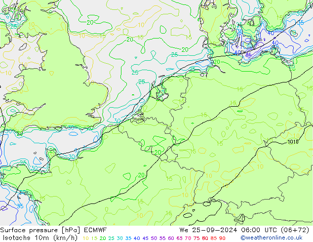 Isotachen (km/h) ECMWF Mi 25.09.2024 06 UTC