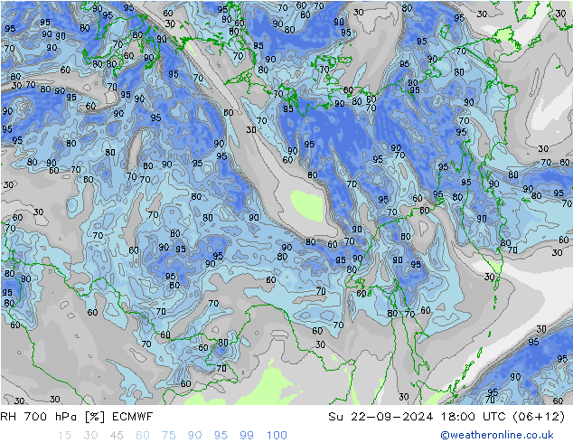 RH 700 hPa ECMWF Su 22.09.2024 18 UTC