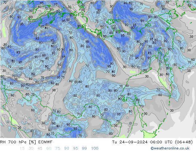 RH 700 hPa ECMWF Tu 24.09.2024 06 UTC