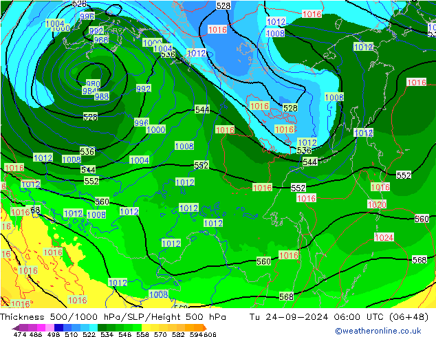 Schichtdicke 500-1000 hPa ECMWF Di 24.09.2024 06 UTC