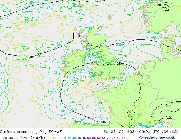 Isotachen (km/h) ECMWF zo 22.09.2024 09 UTC