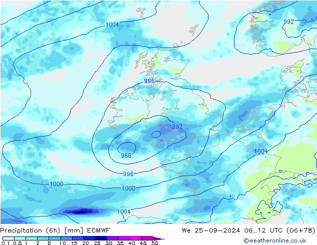 Precipitation (6h) ECMWF We 25.09.2024 12 UTC