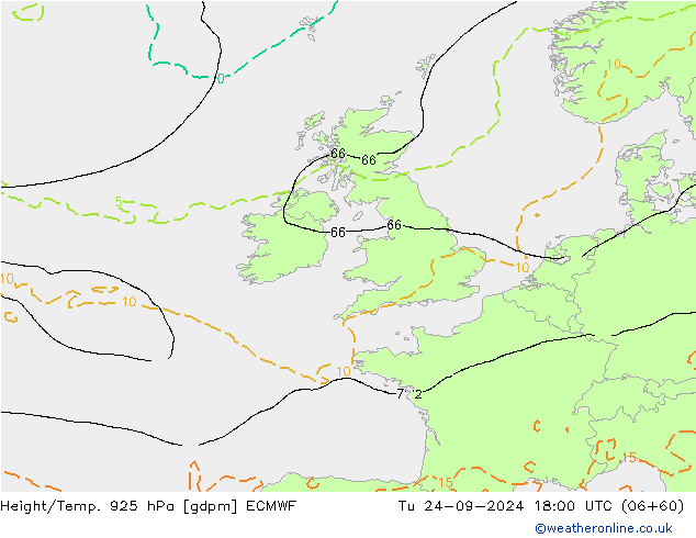 Height/Temp. 925 hPa ECMWF Di 24.09.2024 18 UTC