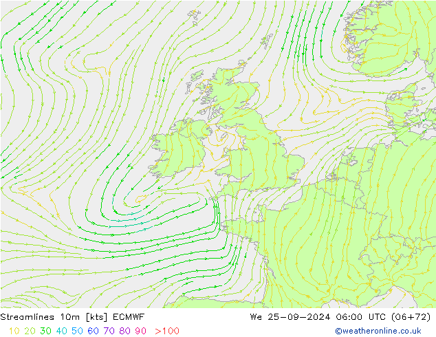 Stroomlijn 10m ECMWF wo 25.09.2024 06 UTC