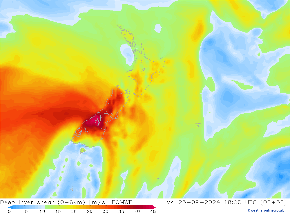 Deep layer shear (0-6km) ECMWF ma 23.09.2024 18 UTC