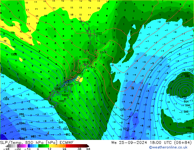 SLP/Temp. 850 hPa ECMWF Qua 25.09.2024 18 UTC