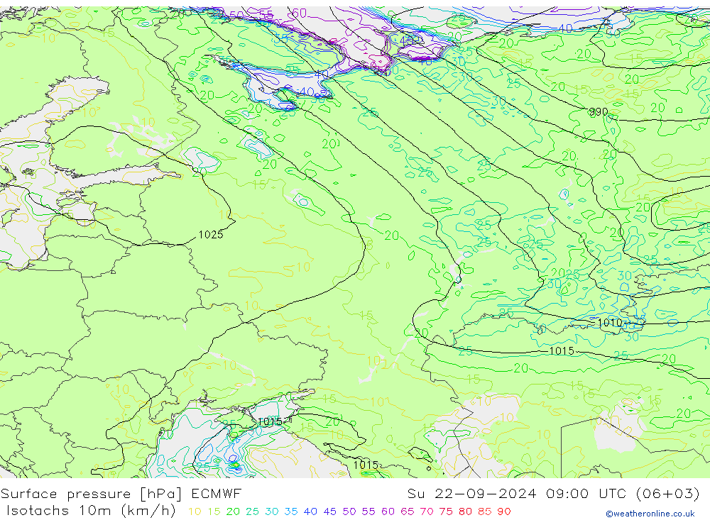 Isotachs (kph) ECMWF Dom 22.09.2024 09 UTC