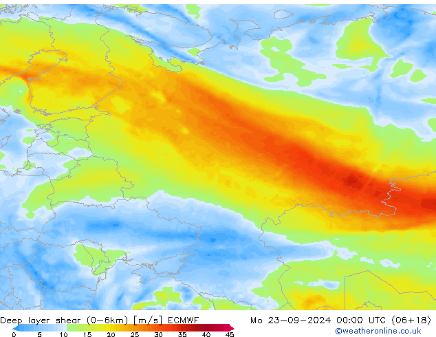 Deep layer shear (0-6km) ECMWF Mo 23.09.2024 00 UTC