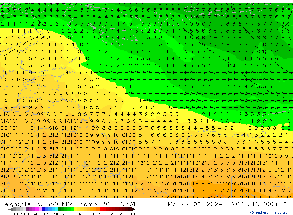 Height/Temp. 850 hPa ECMWF Mo 23.09.2024 18 UTC