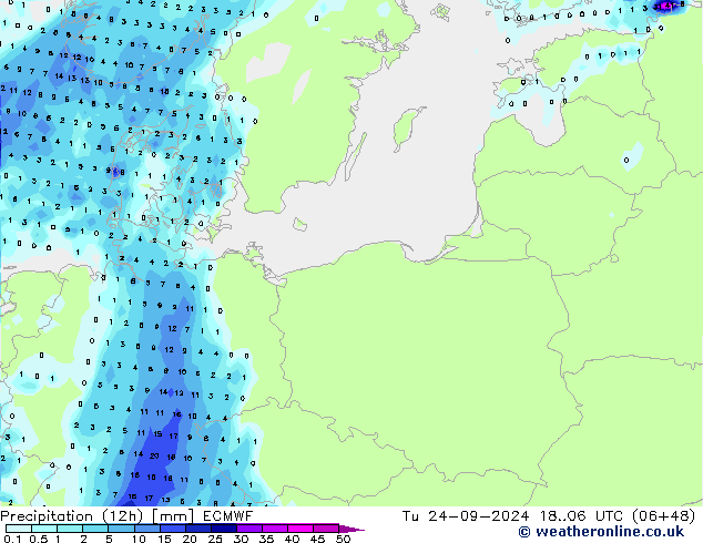 Totale neerslag (12h) ECMWF di 24.09.2024 06 UTC