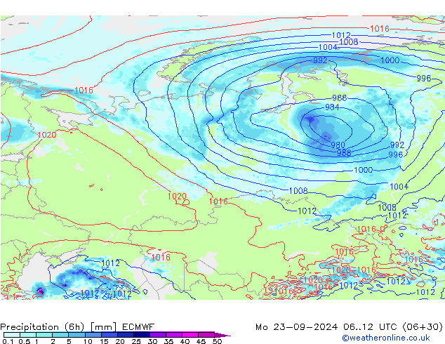 Z500/Rain (+SLP)/Z850 ECMWF Mo 23.09.2024 12 UTC