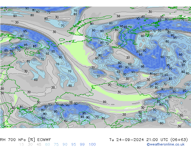 RH 700 hPa ECMWF Tu 24.09.2024 21 UTC