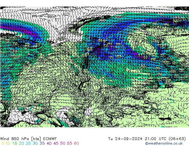 Wind 850 hPa ECMWF Di 24.09.2024 21 UTC