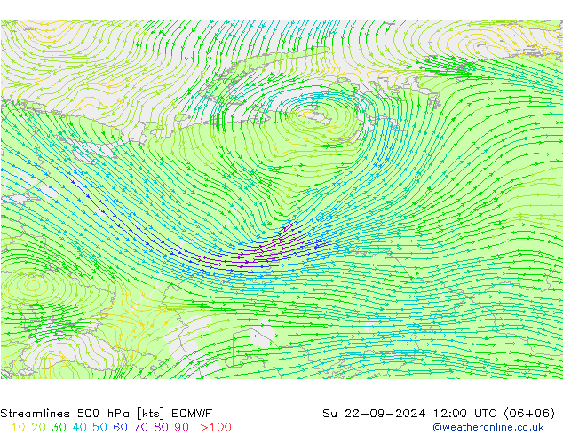 Linia prądu 500 hPa ECMWF nie. 22.09.2024 12 UTC