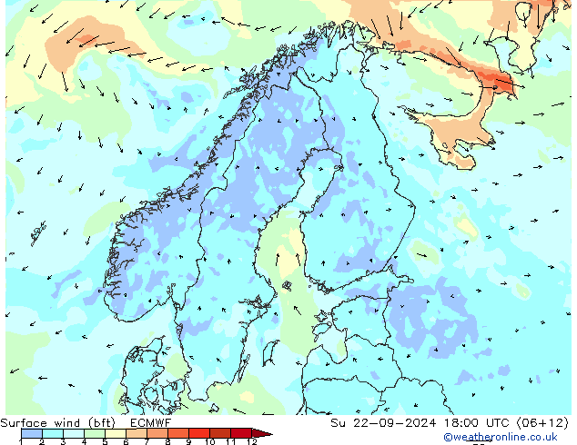 Vento 10 m (bft) ECMWF dom 22.09.2024 18 UTC