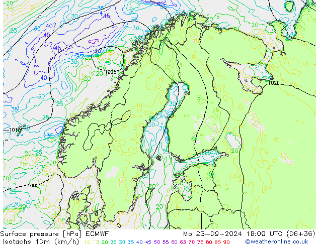 Isotachs (kph) ECMWF Mo 23.09.2024 18 UTC