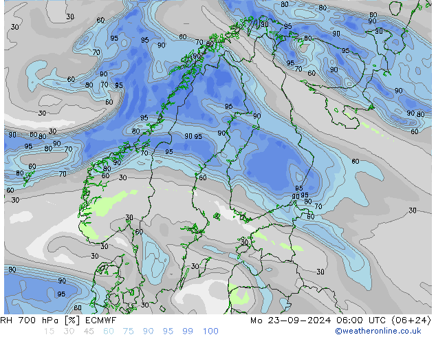 RH 700 hPa ECMWF Mo 23.09.2024 06 UTC