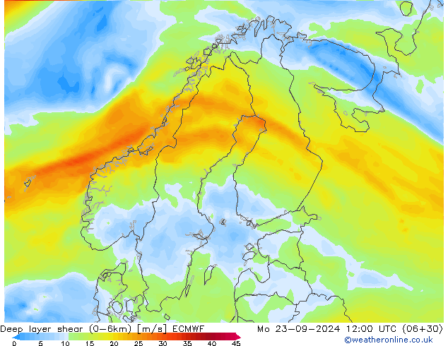 Deep layer shear (0-6km) ECMWF Po 23.09.2024 12 UTC