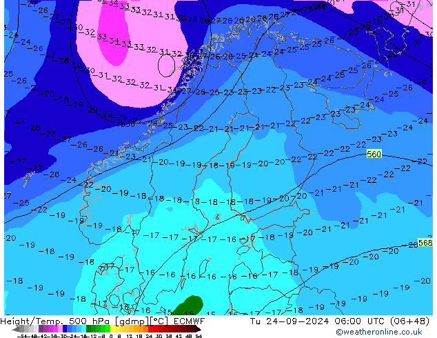 Height/Temp. 500 hPa ECMWF Út 24.09.2024 06 UTC