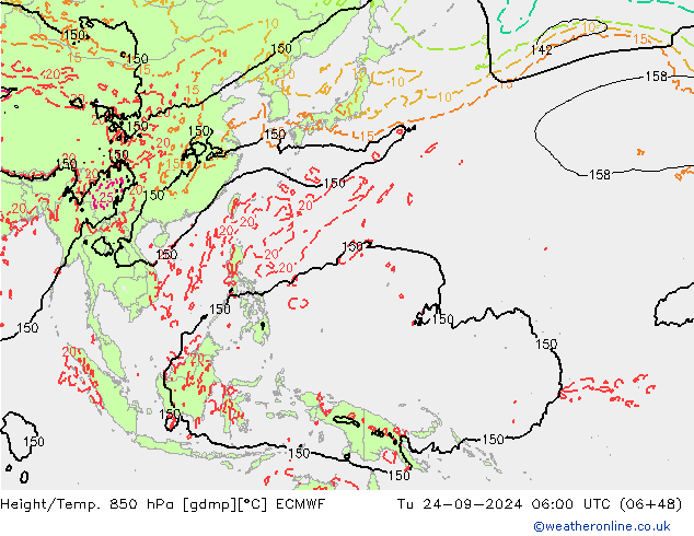 Hoogte/Temp. 850 hPa ECMWF di 24.09.2024 06 UTC